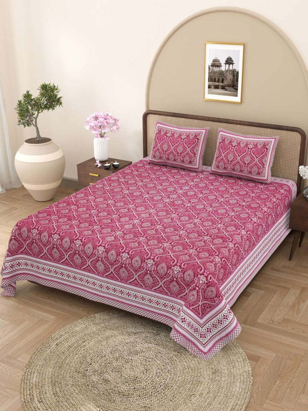 Handmade Pink Paisley Cotton Bed Sheet with Pillow Covers – Indian Block Print King Size Bedding – Ethnic Bohemian Home Décor (BLACKLUXE CRAFTS) - BLACKLUXECRAFTS