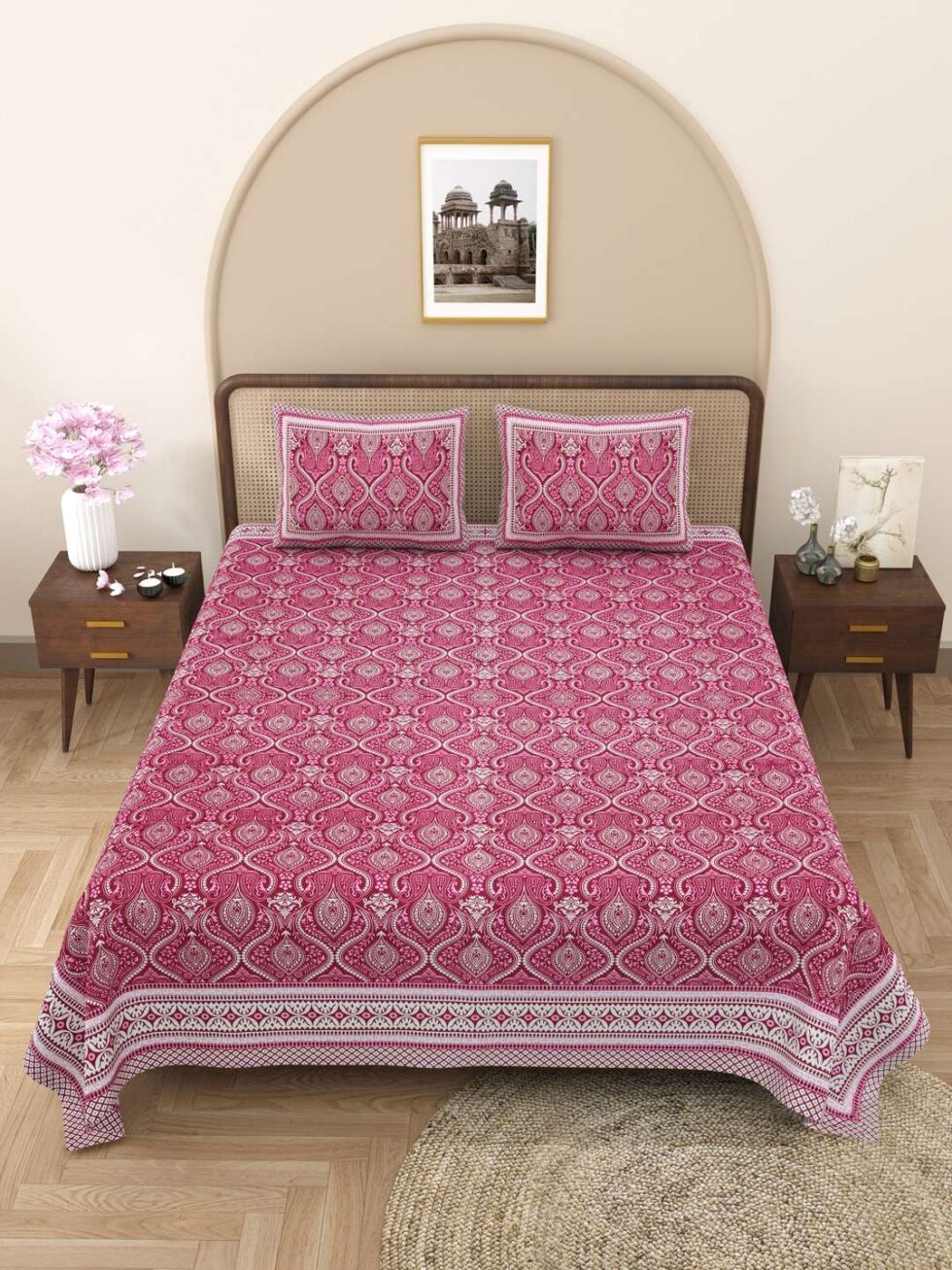 Handmade Pink Paisley Cotton Bed Sheet with Pillow Covers – Indian Block Print King Size Bedding – Ethnic Bohemian Home Décor (BLACKLUXE CRAFTS) - BLACKLUXECRAFTS