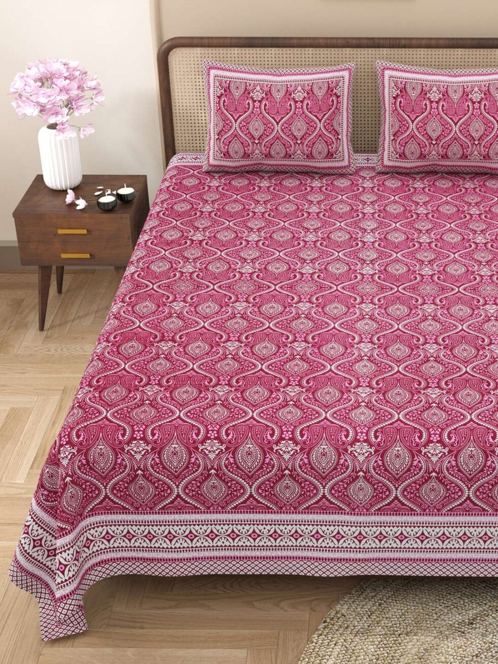 Handmade Pink Paisley Cotton Bed Sheet with Pillow Covers – Indian Block Print King Size Bedding – Ethnic Bohemian Home Décor (BLACKLUXE CRAFTS) - BLACKLUXECRAFTS