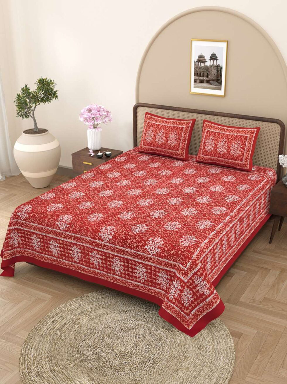 Handmade Indian Cotton Bedsheet with Pillow Covers – Red Floral Block Print King Size Bedspread – Ethically Crafted Home Décor from India (BLACKLUXE CRAFTS) - BLACKLUXECRAFTS