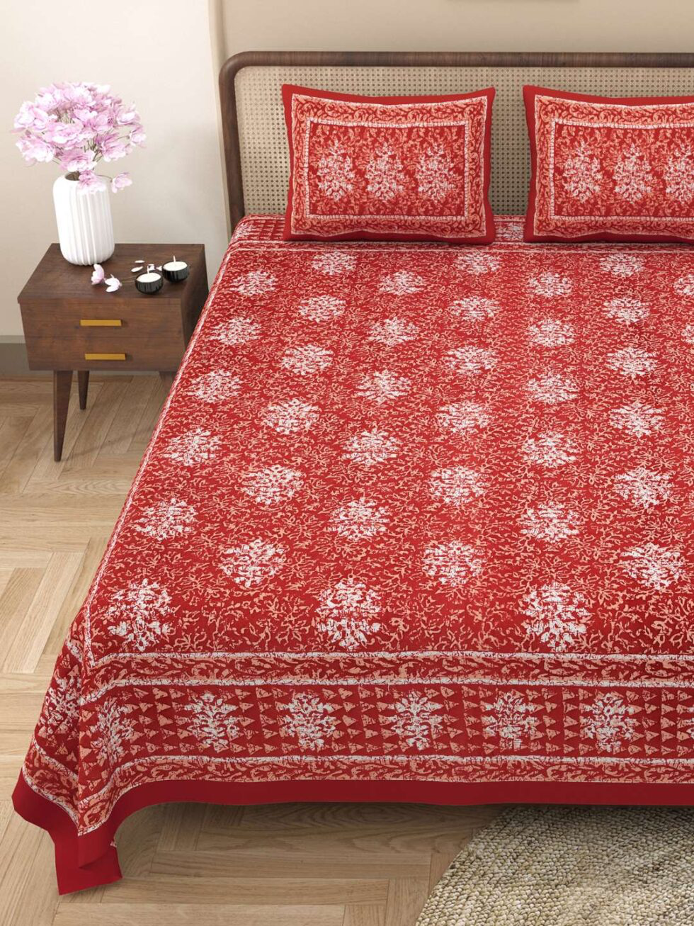 Handmade Indian Cotton Bedsheet with Pillow Covers – Red Floral Block Print King Size Bedspread – Ethically Crafted Home Décor from India (BLACKLUXE CRAFTS) - BLACKLUXECRAFTS