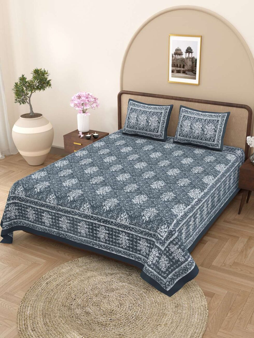 Handmade Indian Cotton Bedsheet King Size – Indigo Blue Floral Block Print with 2 Pillow Covers – Soft & Lightweight International Bedding (BLACKLUXE CRAFTS) - BLACKLUXECRAFTS