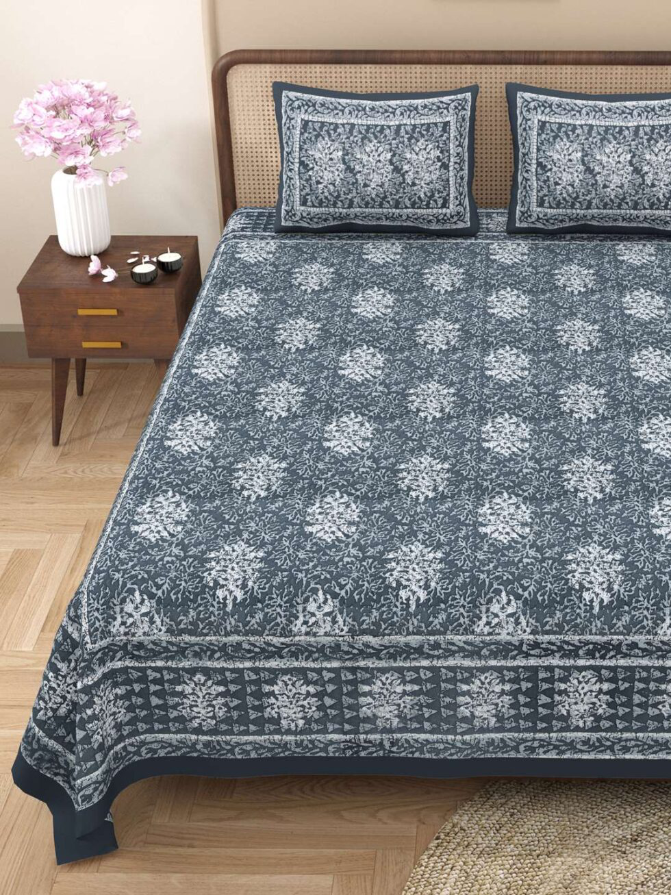 Handmade Indian Cotton Bedsheet King Size – Indigo Blue Floral Block Print with 2 Pillow Covers – Soft & Lightweight International Bedding (BLACKLUXE CRAFTS) - BLACKLUXECRAFTS