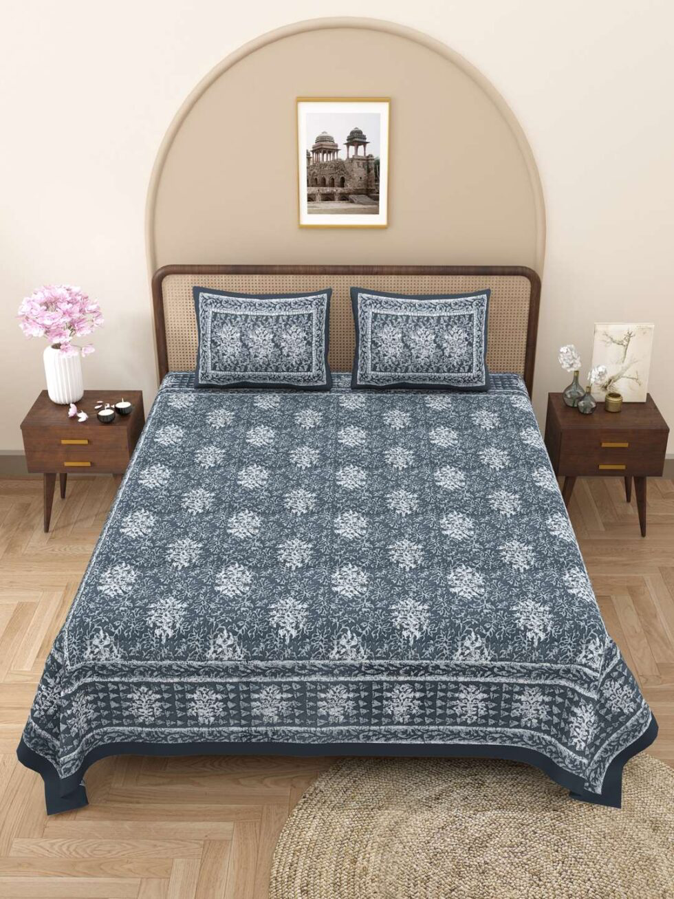 Handmade Indian Cotton Bedsheet King Size – Indigo Blue Floral Block Print with 2 Pillow Covers – Soft & Lightweight International Bedding (BLACKLUXE CRAFTS) - BLACKLUXECRAFTS