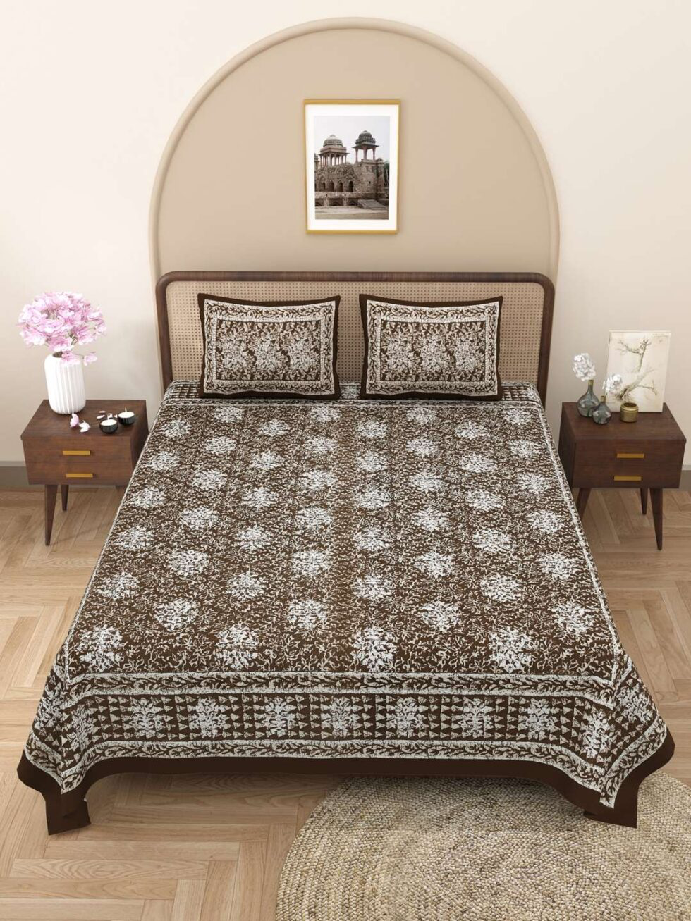 Handmade Brown Floral Block Print Cotton Bedsheet with Pillow Covers – Traditional Indian Jaipuri King Size Bedspread (BLACKLUXE CRAFTS) - BLACKLUXECRAFTS