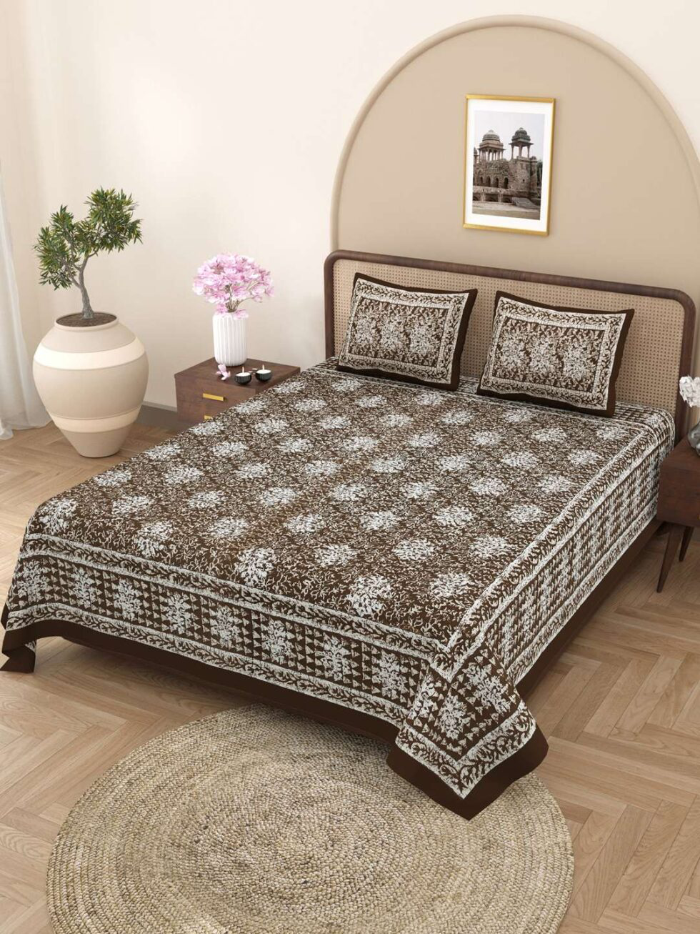 Handmade Brown Floral Block Print Cotton Bedsheet with Pillow Covers – Traditional Indian Jaipuri King Size Bedspread (BLACKLUXE CRAFTS) - BLACKLUXECRAFTS
