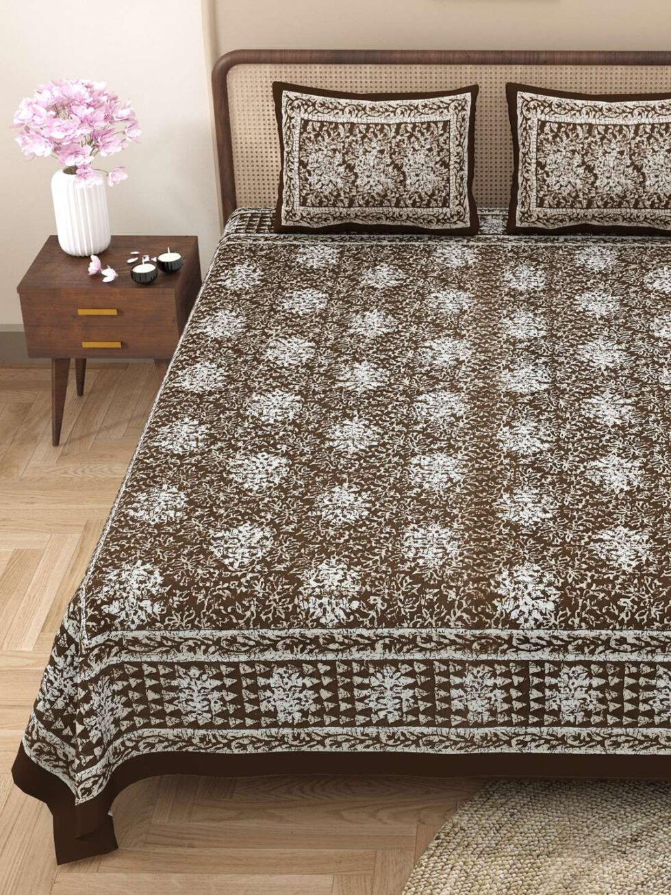 Handmade Brown Floral Block Print Cotton Bedsheet with Pillow Covers – Traditional Indian Jaipuri King Size Bedspread (BLACKLUXE CRAFTS) - BLACKLUXECRAFTS