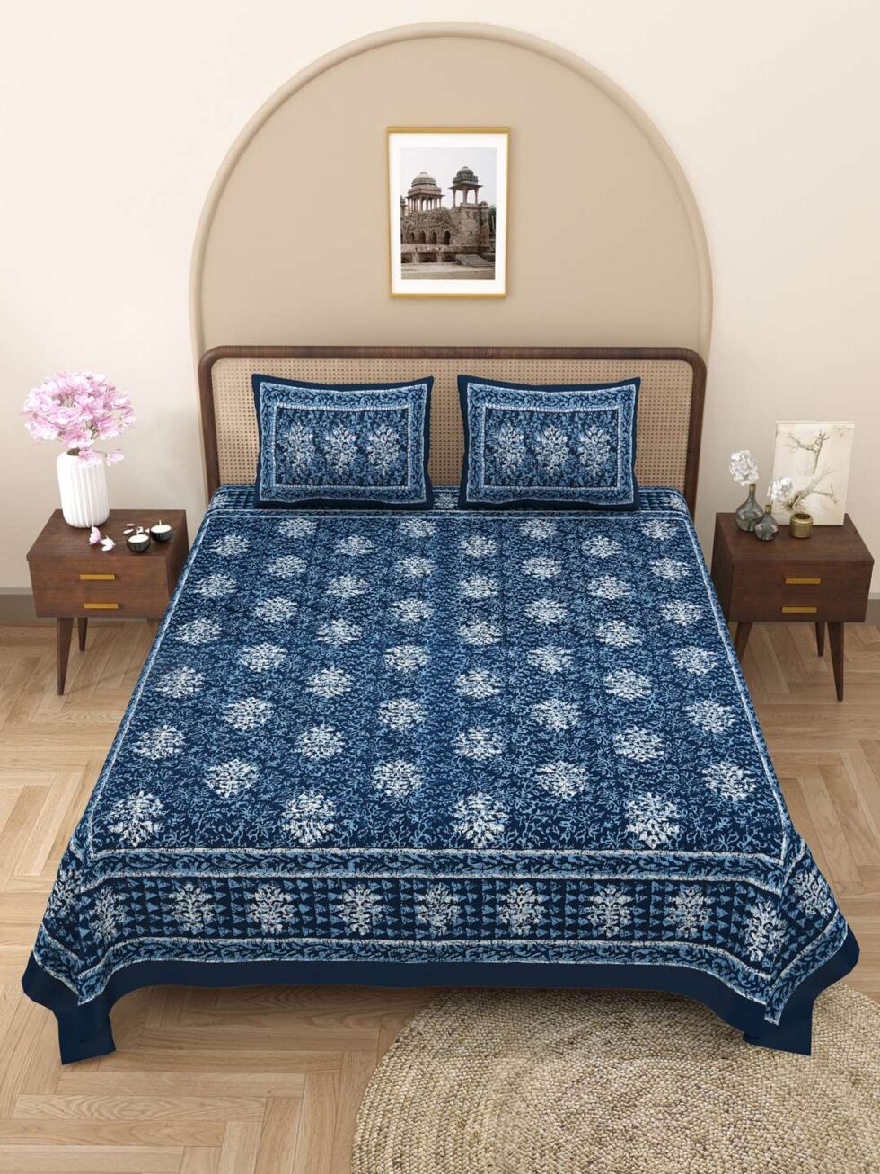 Handmade Blue Floral Block Print Cotton Bedsheet with Pillow Covers – Indian Ethnic King Size Bedding Set (BLACKLUXE CRAFTS) - BLACKLUXECRAFTS