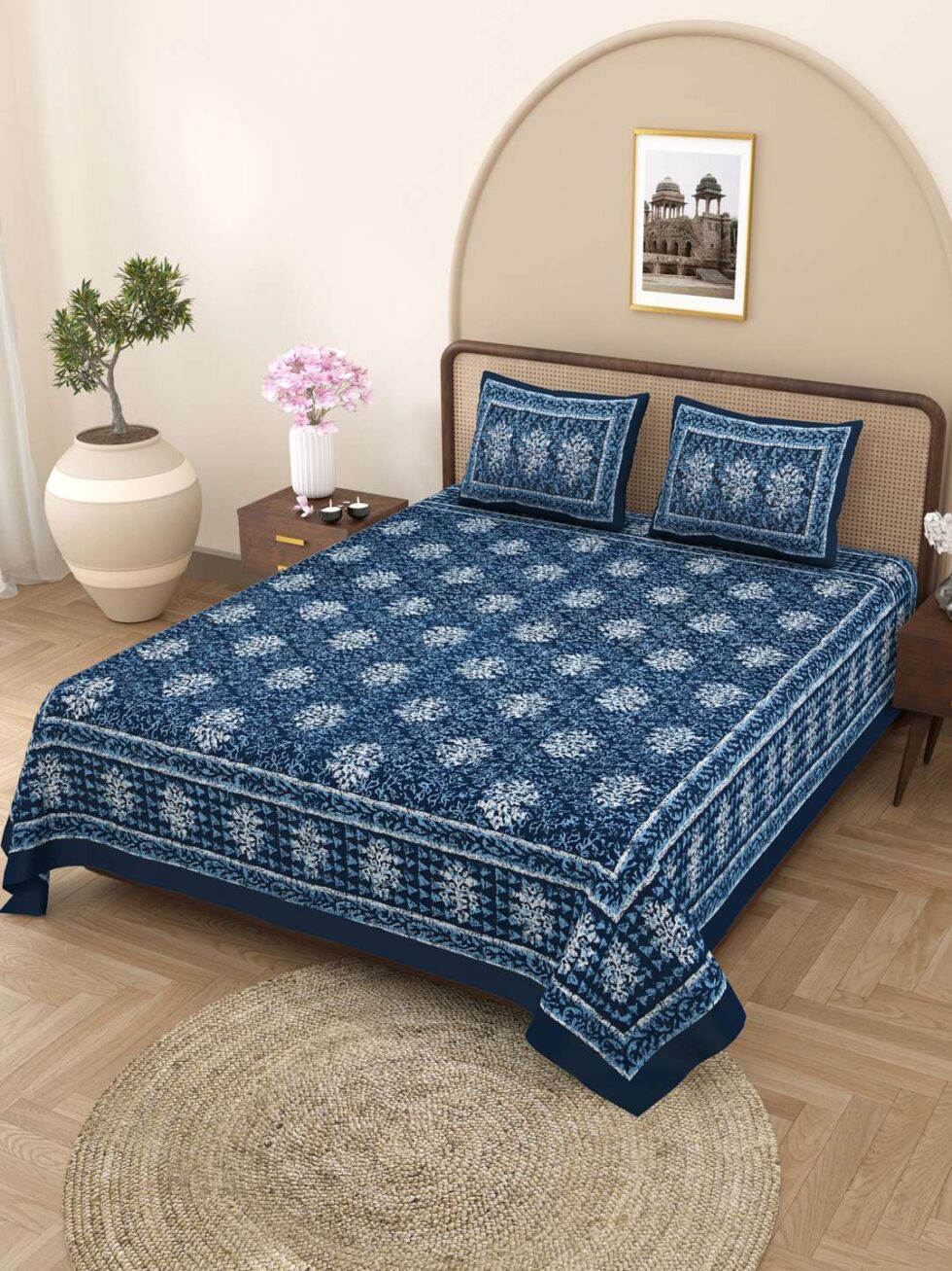 Handmade Blue Floral Block Print Cotton Bedsheet with Pillow Covers – Indian Ethnic King Size Bedding Set (BLACKLUXE CRAFTS) - BLACKLUXECRAFTS