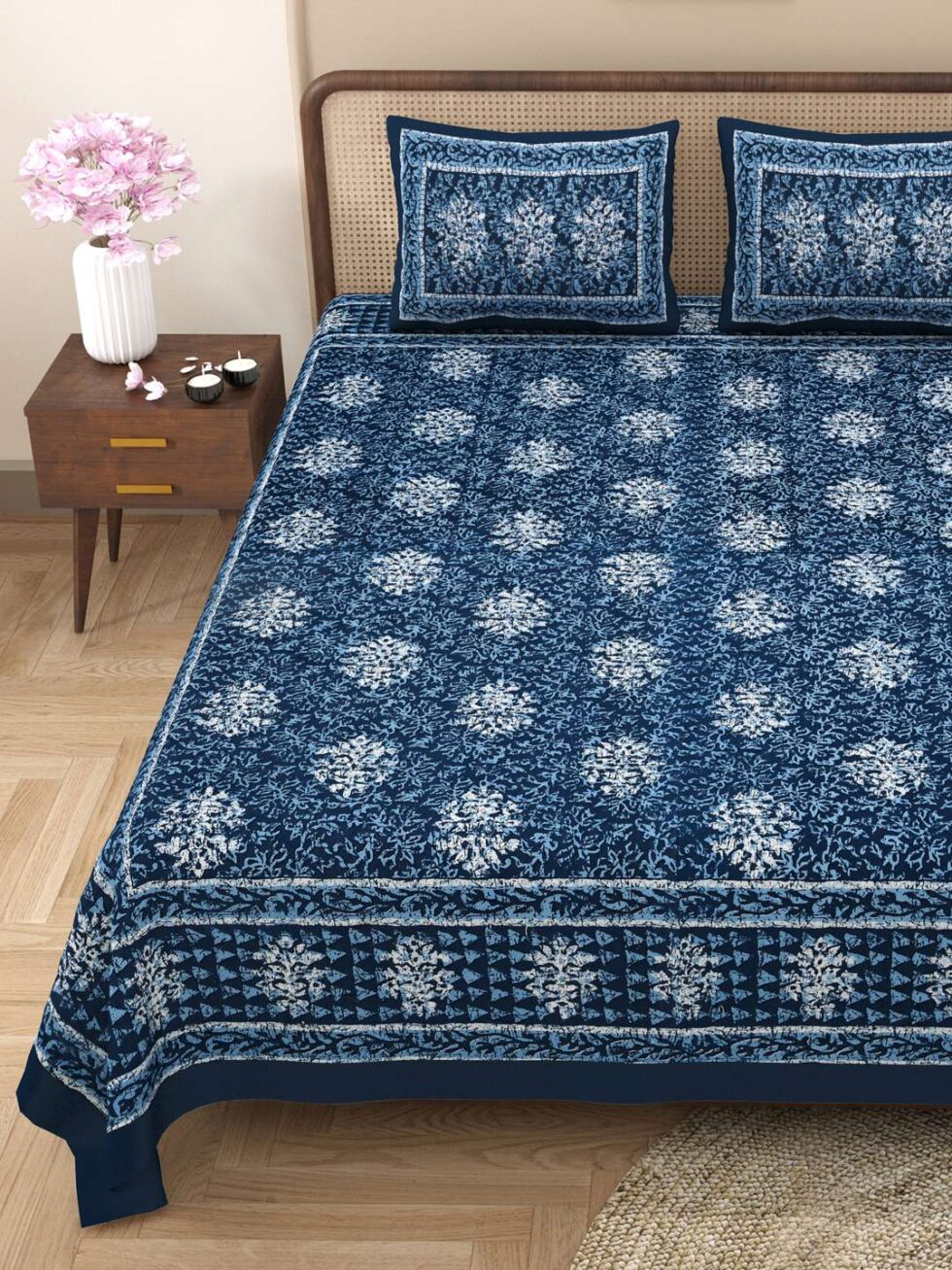 Handmade Blue Floral Block Print Cotton Bedsheet with Pillow Covers – Indian Ethnic King Size Bedding Set (BLACKLUXE CRAFTS) - BLACKLUXECRAFTS