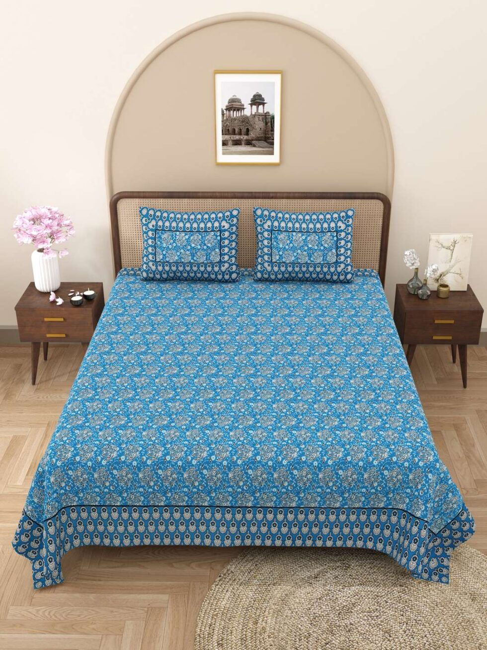 Handmade Blue Floral Block Print Cotton Bedsheet with Pillow Covers – Indian Ethnic King Size Bedding Set – Soft & Lightweight Bedspread (BLACKLUXE CRAFTS) - BLACKLUXECRAFTS
