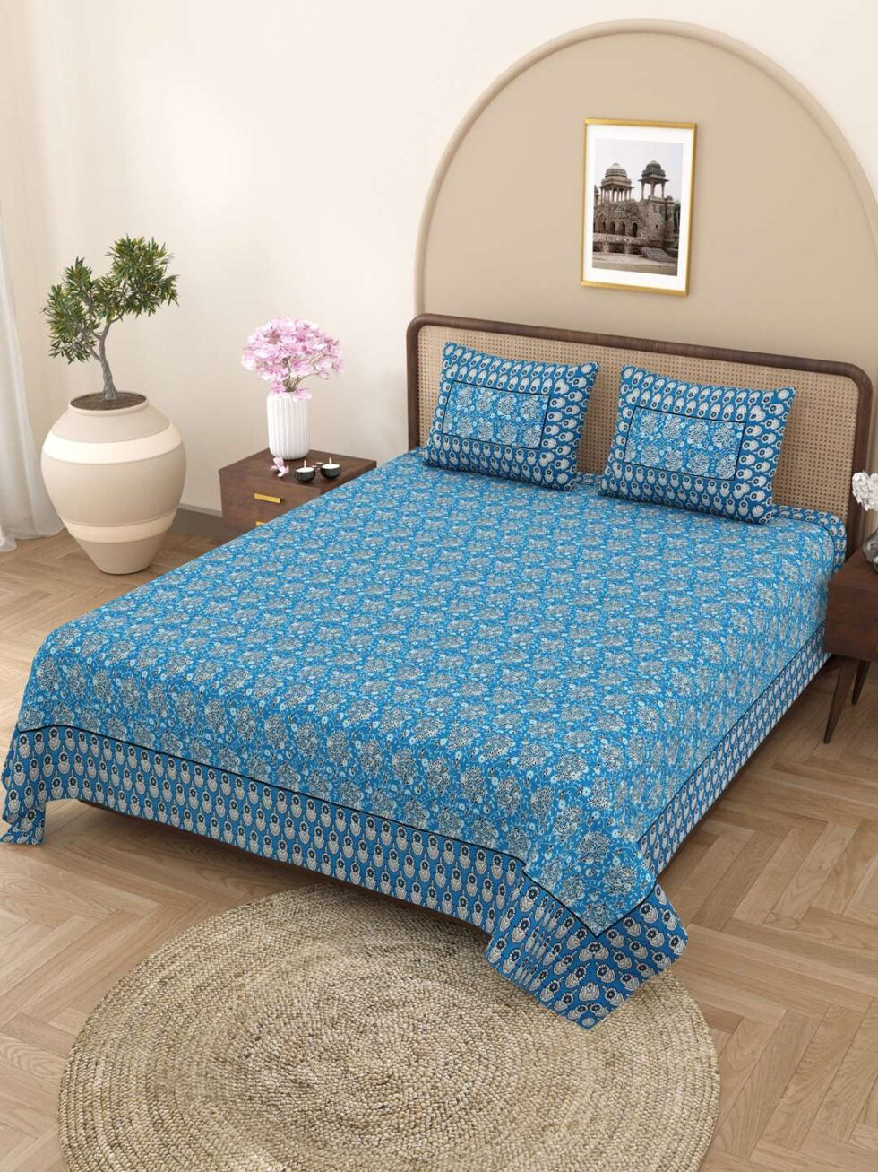 Handmade Blue Floral Block Print Cotton Bedsheet with Pillow Covers – Indian Ethnic King Size Bedding Set – Soft & Lightweight Bedspread (BLACKLUXE CRAFTS) - BLACKLUXECRAFTS