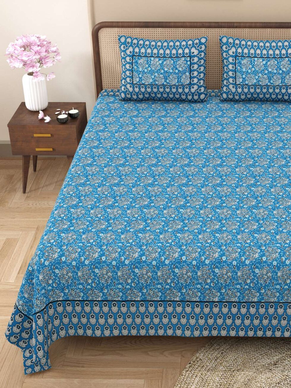 Handmade Blue Floral Block Print Cotton Bedsheet with Pillow Covers – Indian Ethnic King Size Bedding Set – Soft & Lightweight Bedspread (BLACKLUXE CRAFTS) - BLACKLUXECRAFTS