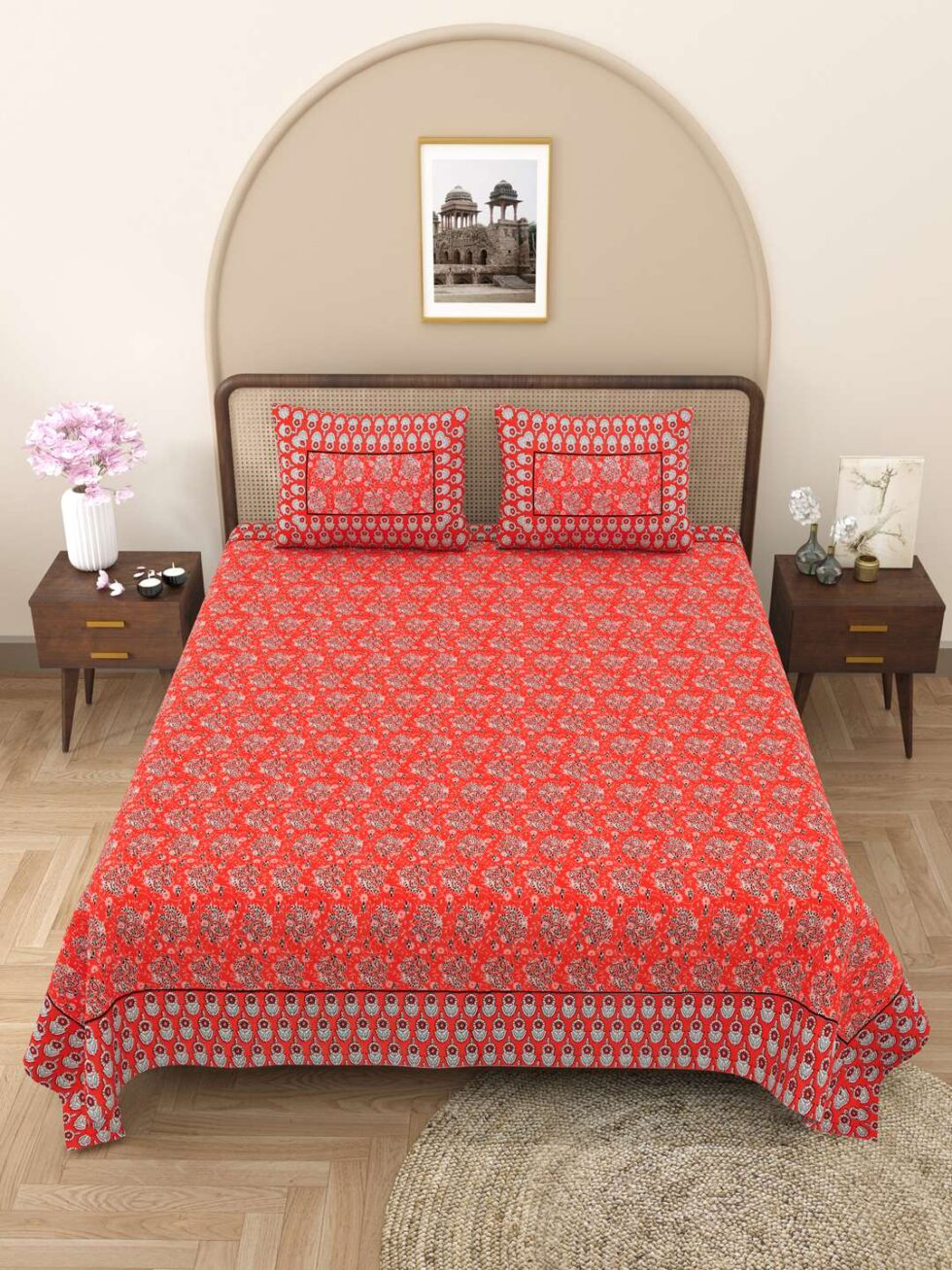 Handmade Red Floral Cotton Bedsheet with Pillow Covers | Traditional Indian Block Print King Size Bedspread | Boho Bedroom Décor (BLACKLUXE CRAFTS) - BLACKLUXECRAFTS