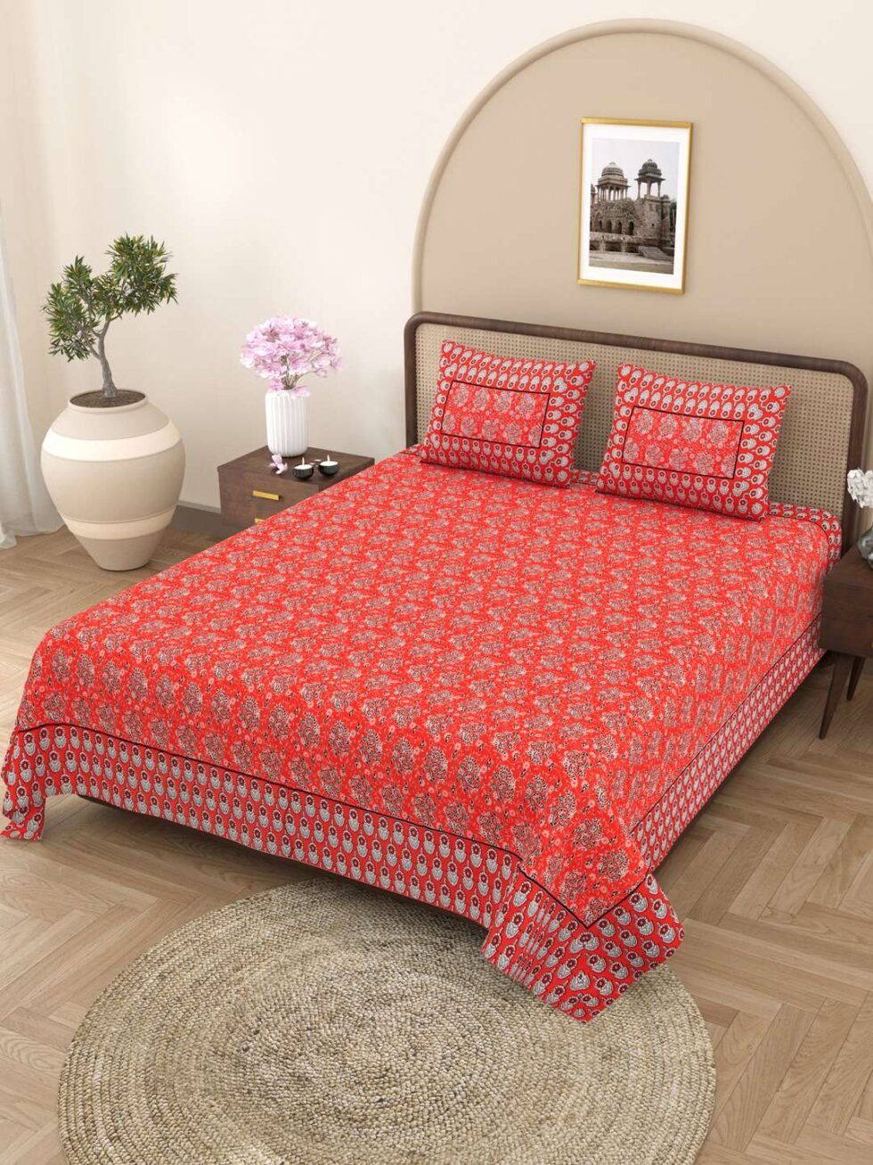 Handmade Red Floral Cotton Bedsheet with Pillow Covers | Traditional Indian Block Print King Size Bedspread | Boho Bedroom Décor (BLACKLUXE CRAFTS) - BLACKLUXECRAFTS