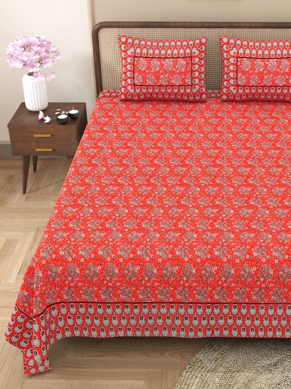 Handmade Red Floral Cotton Bedsheet with Pillow Covers | Traditional Indian Block Print King Size Bedspread | Boho Bedroom Décor (BLACKLUXE CRAFTS) - BLACKLUXECRAFTS