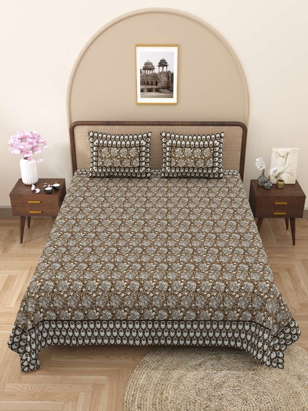 Handmade Brown Floral Block Print Cotton Bedsheet with Pillow Covers | Traditional Indian Jaipuri Bedding | Queen/King Size (BLACKLUXE CRAFTS) - BLACKLUXECRAFTS