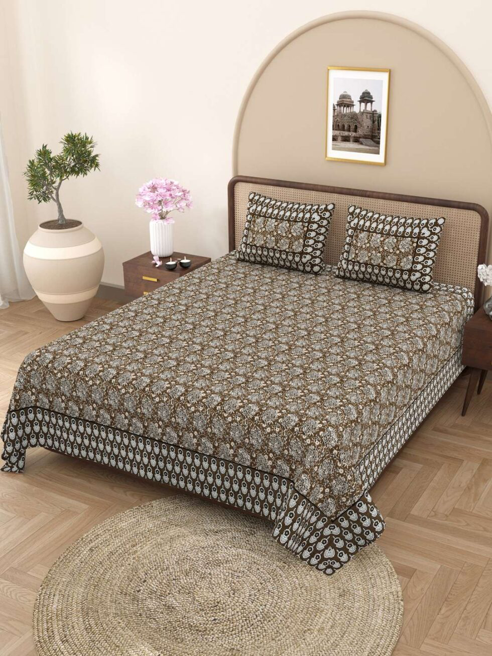 Handmade Brown Floral Block Print Cotton Bedsheet with Pillow Covers | Traditional Indian Jaipuri Bedding | Queen/King Size (BLACKLUXE CRAFTS) - BLACKLUXECRAFTS