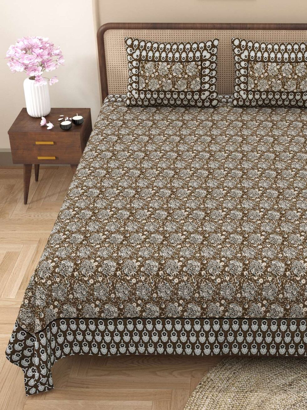 Handmade Brown Floral Block Print Cotton Bedsheet with Pillow Covers | Traditional Indian Jaipuri Bedding | Queen/King Size (BLACKLUXE CRAFTS) - BLACKLUXECRAFTS