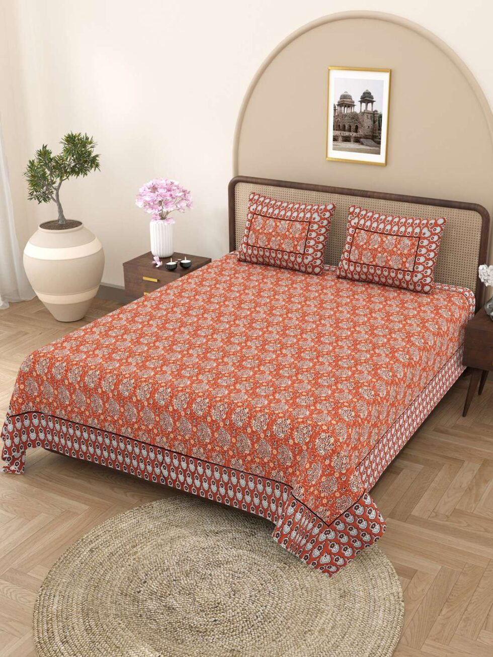 Handmade Indian Cotton Bedsheet with Pillow Covers – Traditional Floral Block Print Bedspread – King Size Home Décor from India (BLACKLUXE CRAFTS) - BLACKLUXECRAFTS