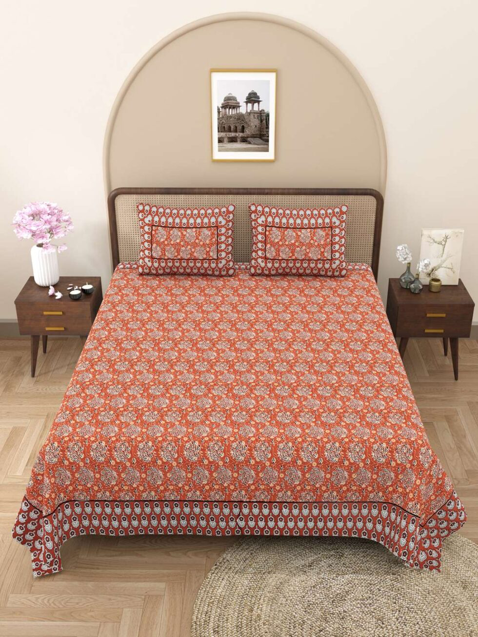 Handmade Indian Cotton Bedsheet with Pillow Covers – Traditional Floral Block Print Bedspread – King Size Home Décor from India (BLACKLUXE CRAFTS) - BLACKLUXECRAFTS