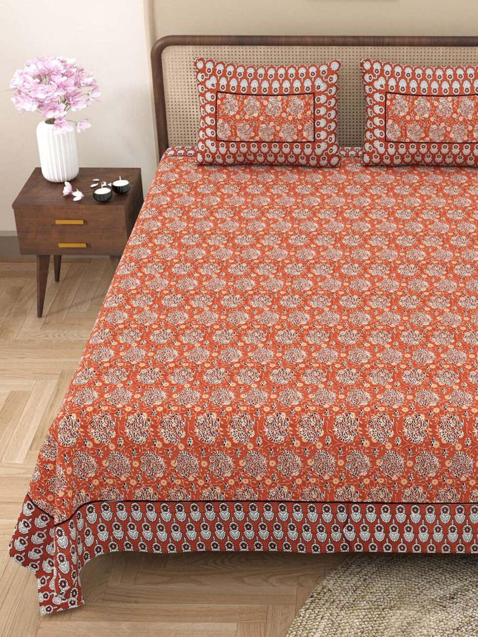 Handmade Indian Cotton Bedsheet with Pillow Covers – Traditional Floral Block Print Bedspread – King Size Home Décor from India (BLACKLUXE CRAFTS) - BLACKLUXECRAFTS