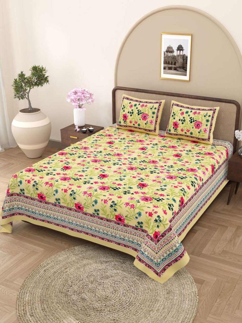 Handmade Indian Cotton Floral Yellow Bed Sheet with Pillow Covers – Traditional Block Print King Size Bedding Set (BLACKLUXE CRAFTS) - BLACKLUXECRAFTS