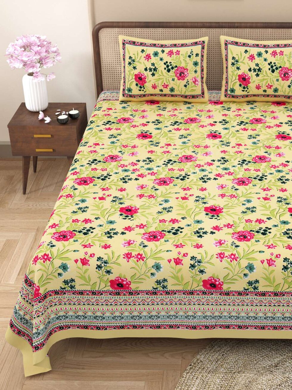 Handmade Indian Cotton Floral Yellow Bed Sheet with Pillow Covers – Traditional Block Print King Size Bedding Set (BLACKLUXE CRAFTS) - BLACKLUXECRAFTS