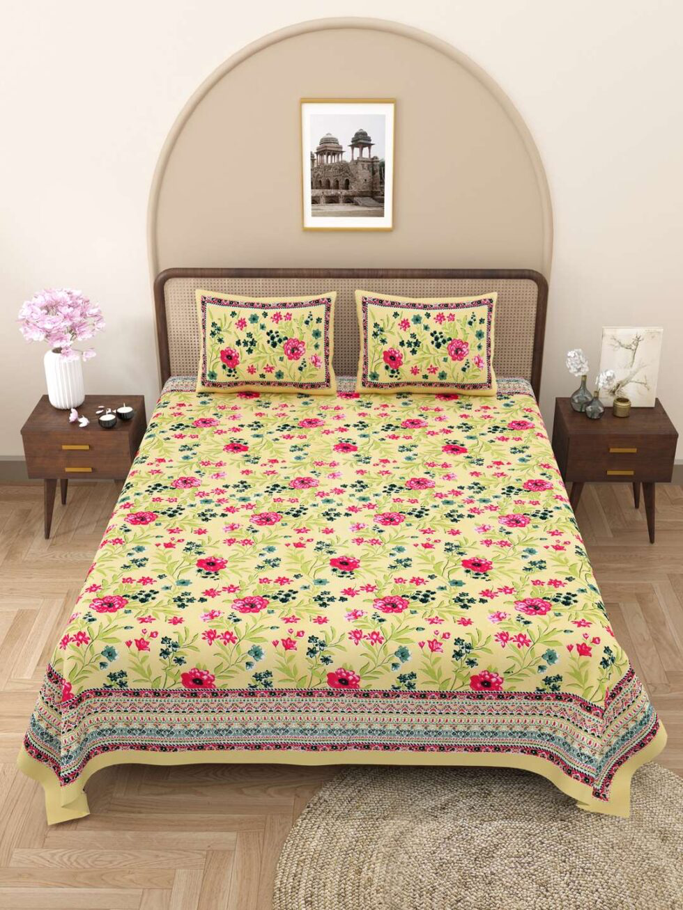 Handmade Indian Cotton Floral Yellow Bed Sheet with Pillow Covers – Traditional Block Print King Size Bedding Set (BLACKLUXE CRAFTS) - BLACKLUXECRAFTS