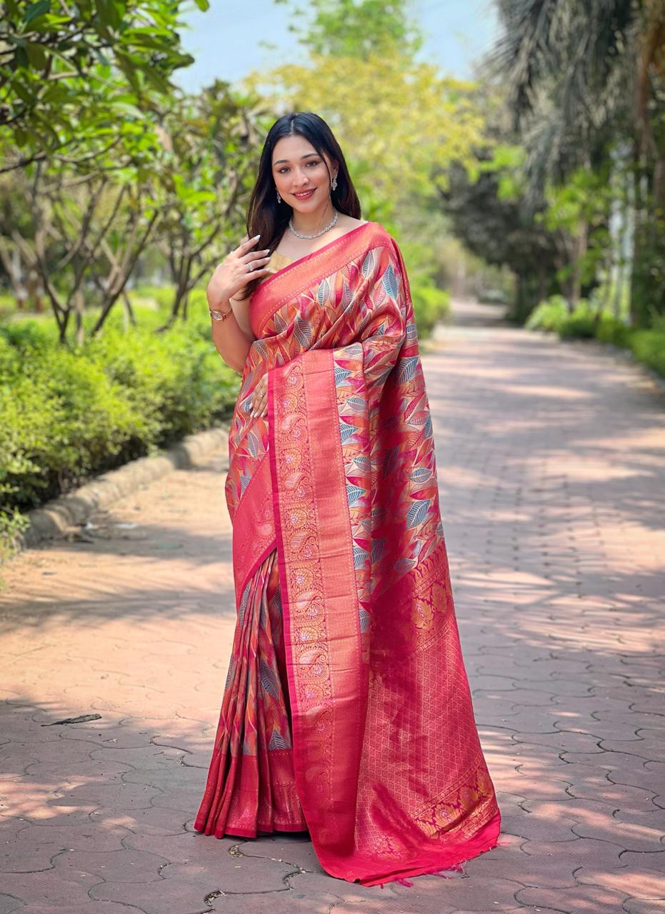 Handmade Banarasi Silk Saree – Red & Gold Woven Kanjivaram Wedding Saree | Indian Ethnic Bridal Wear | Luxury Handloom Saree for Women (BLACKLUXE CRAFTS)