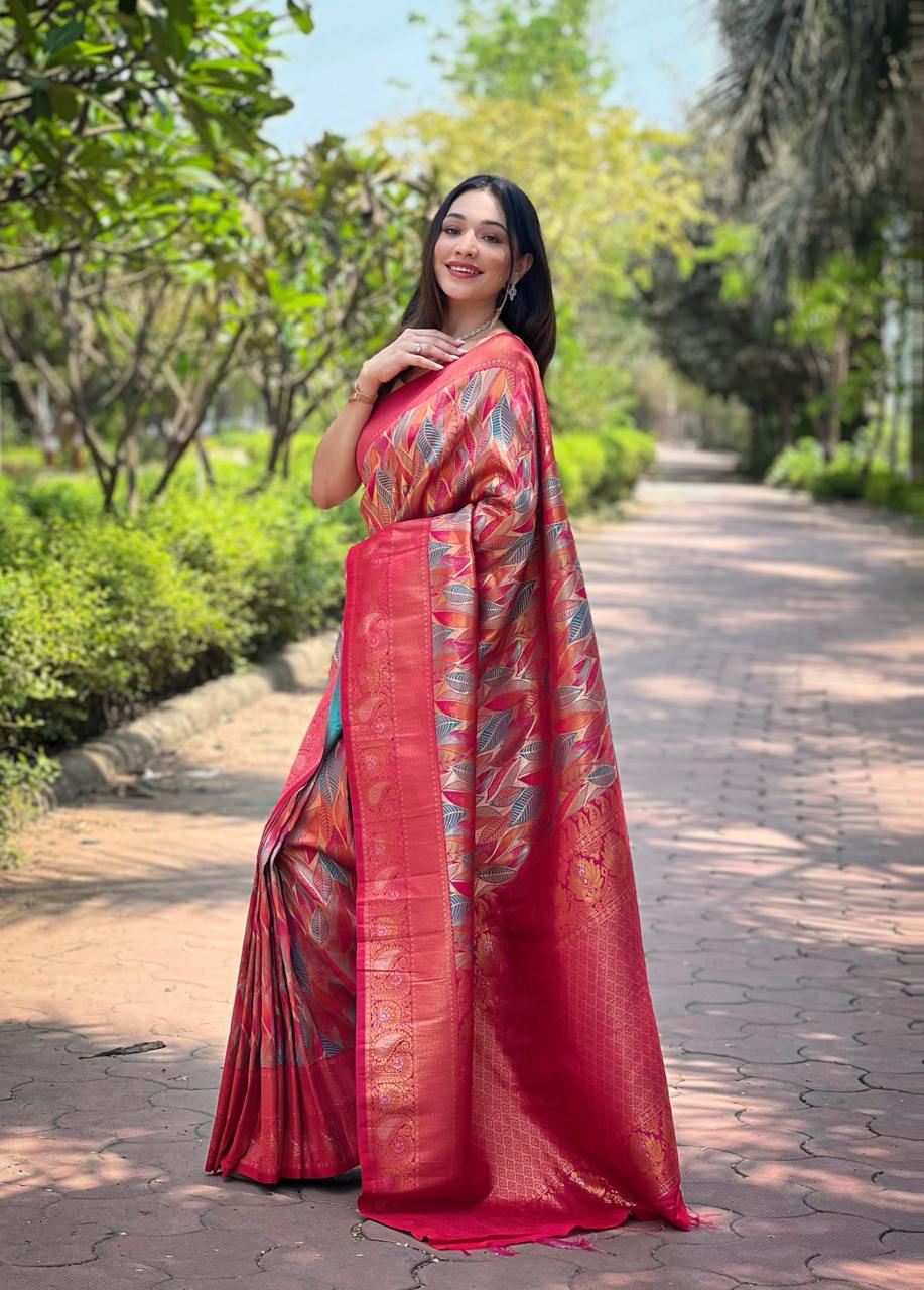 Handmade Banarasi Silk Saree – Red & Gold Woven Kanjivaram Wedding Saree | Indian Ethnic Bridal Wear | Luxury Handloom Saree for Women (BLACKLUXE CRAFTS)