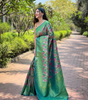 Handmade Green Banarasi Silk Saree with Pink Leaf Motifs & Golden Zari Border – Indian Traditional Wedding & Party Wear (BLACKLUXE CRAFTS)