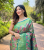 Handmade Green Banarasi Silk Saree with Pink Leaf Motifs & Golden Zari Border – Indian Traditional Wedding & Party Wear (BLACKLUXE CRAFTS)