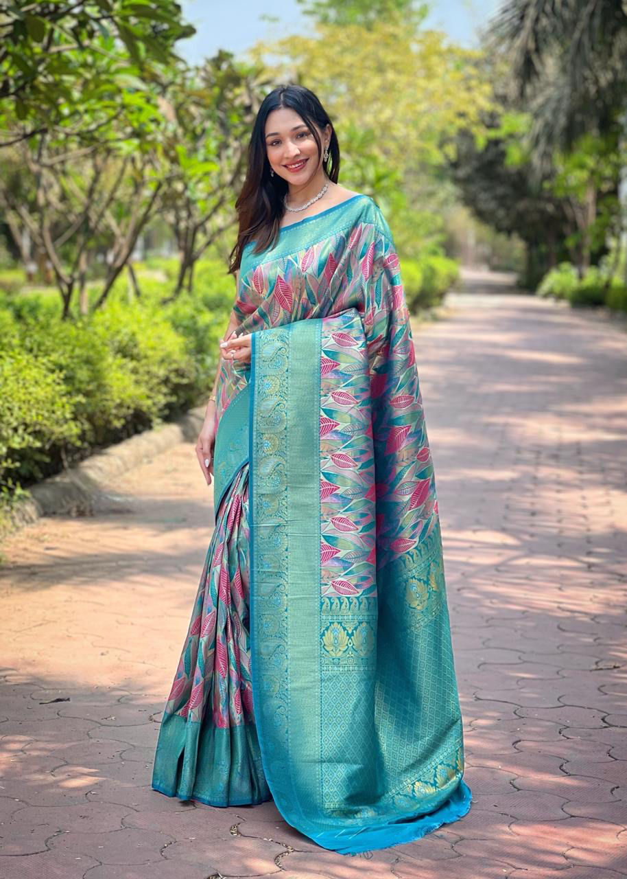 Handmade Blue Banarasi Silk Saree with Leaf Motif – Traditional Indian Wedding & Party Wear – Artisan Woven Saree from India (BLACKLUXE CRAFTS)
