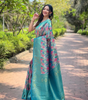 Handmade Blue Banarasi Silk Saree with Leaf Motif – Traditional Indian Wedding & Party Wear – Artisan Woven Saree from India (BLACKLUXE CRAFTS)