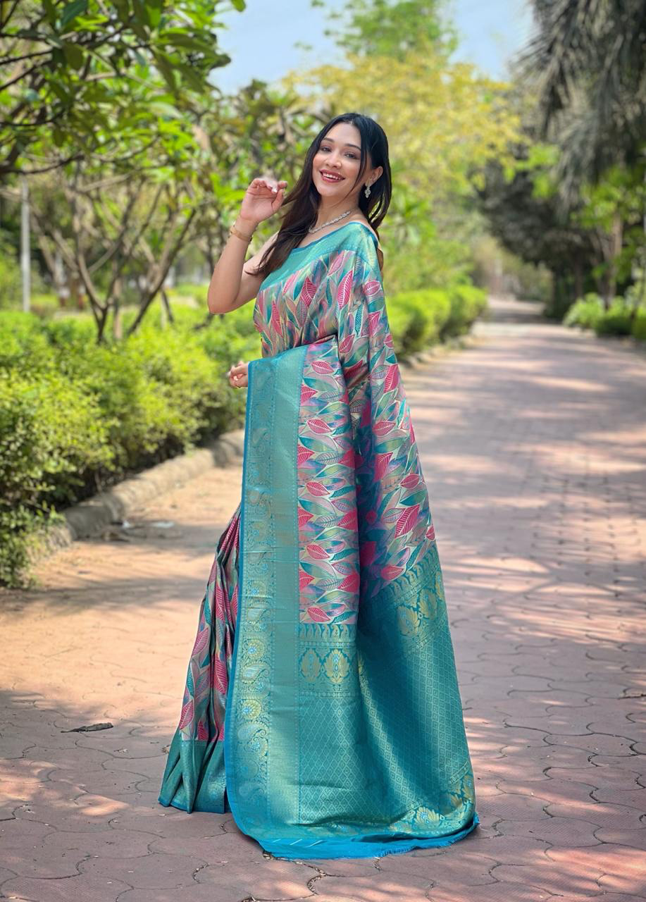 Handmade Blue Banarasi Silk Saree with Leaf Motif – Traditional Indian Wedding & Party Wear – Artisan Woven Saree from India (BLACKLUXE CRAFTS)