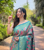 Handmade Blue Banarasi Silk Saree with Leaf Motif – Traditional Indian Wedding & Party Wear – Artisan Woven Saree from India (BLACKLUXE CRAFTS)