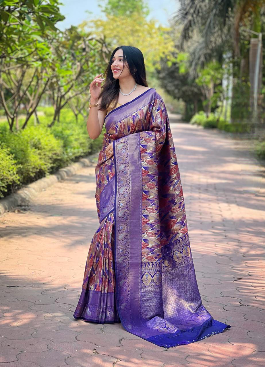 Handmade Banarasi Silk Saree in Royal Purple with Golden Zari & Leaf Motif – Indian Traditional Wedding & Party Wear (BLACKLUXE CRAFTS)