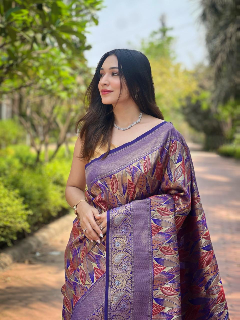 Handmade Banarasi Silk Saree in Royal Purple with Golden Zari & Leaf Motif – Indian Traditional Wedding & Party Wear (BLACKLUXE CRAFTS)