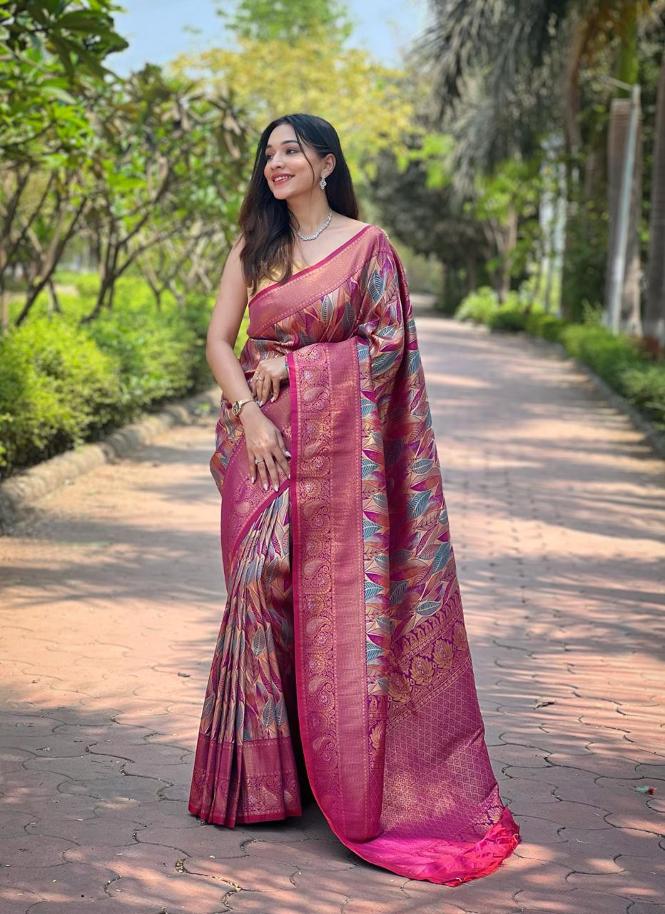 Handmade Banarasi Silk Saree – Indian Pink Woven Bridal & Party Wear Sari with Golden Zari Work | Traditional Ethnic Clothing from India (BLACKLUXE CRAFTS)