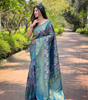 Handmade Blue Banarasi Silk Saree with Leaf Pattern & Golden Zari Border – Indian Ethnic Wedding & Party Wear – Pure Handloom Saree from India (BLACKLUXE CRAFTS)