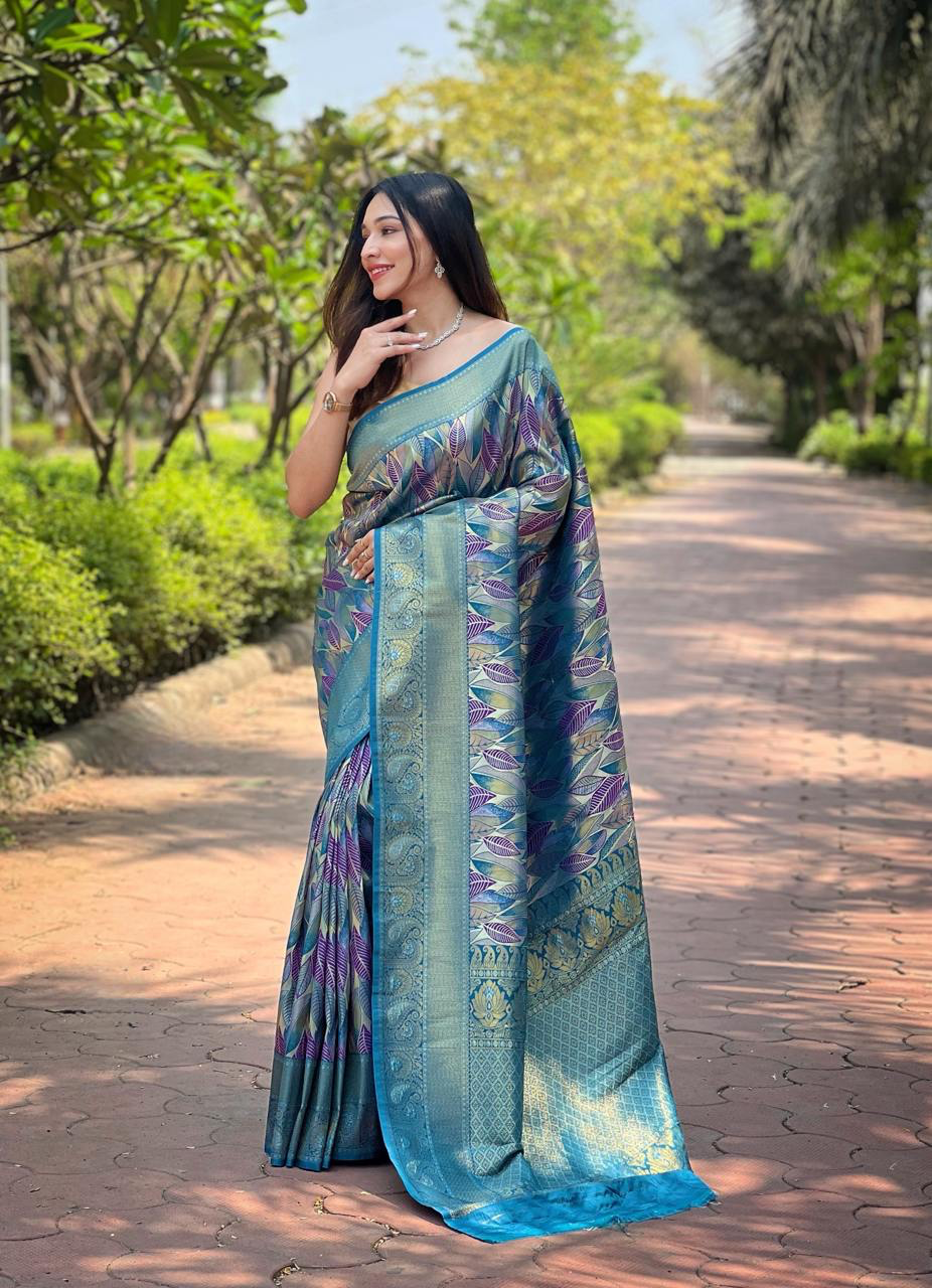 Handmade Blue Banarasi Silk Saree with Leaf Pattern & Golden Zari Border – Indian Ethnic Wedding & Party Wear – Pure Handloom Saree from India (BLACKLUXE CRAFTS)