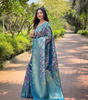 Handmade Blue Banarasi Silk Saree with Leaf Pattern & Golden Zari Border – Indian Ethnic Wedding & Party Wear – Pure Handloom Saree from India (BLACKLUXE CRAFTS)