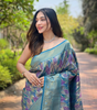 Handmade Blue Banarasi Silk Saree with Leaf Pattern & Golden Zari Border – Indian Ethnic Wedding & Party Wear – Pure Handloom Saree from India (BLACKLUXE CRAFTS)