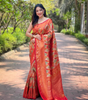 Handmade Banarasi Silk Saree – Traditional Red & Gold Woven Leaf Design | Indian Ethnic Wedding & Party Wear (BLACKLUXE CRAFTS)