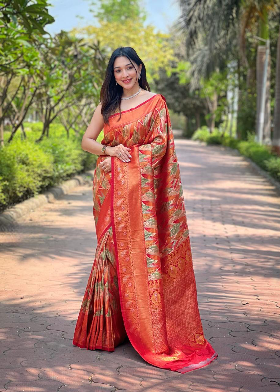 Handmade Banarasi Silk Saree – Traditional Red & Gold Woven Leaf Design | Indian Ethnic Wedding & Party Wear (BLACKLUXE CRAFTS)