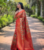Handmade Banarasi Silk Saree – Traditional Red & Gold Woven Leaf Design | Indian Ethnic Wedding & Party Wear (BLACKLUXE CRAFTS)
