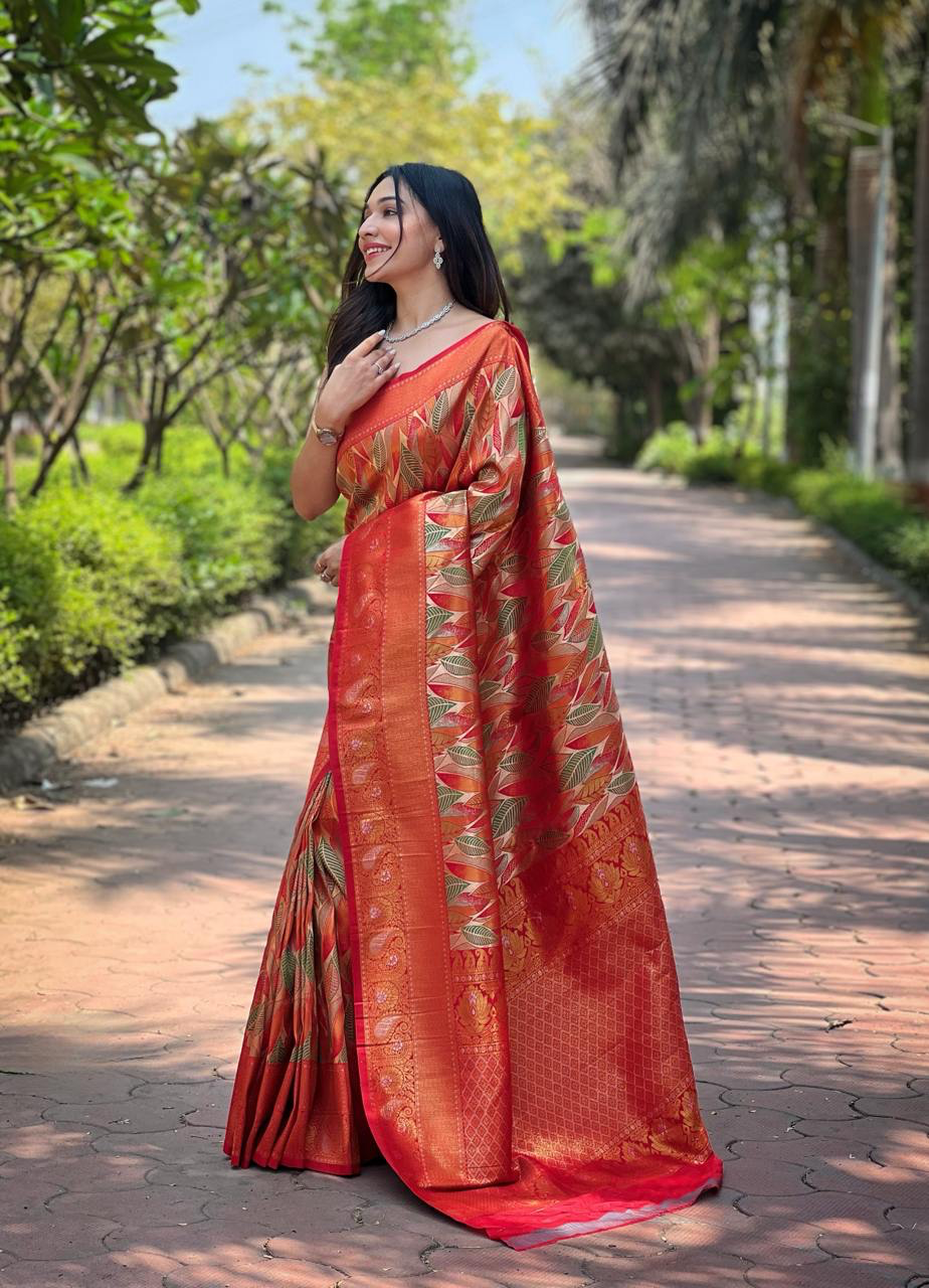 Handmade Banarasi Silk Saree – Traditional Red & Gold Woven Leaf Design | Indian Ethnic Wedding & Party Wear (BLACKLUXE CRAFTS)