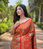 Handmade Banarasi Silk Saree – Traditional Red & Gold Woven Leaf Design | Indian Ethnic Wedding & Party Wear (BLACKLUXE CRAFTS)