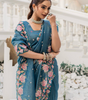 Handmade Teal Blue Floral Embroidered Organza Saree with Blouse Piece – Elegant Indian Ethnic Wear for Weddings & Parties (BLACKLUXE CRAFTS)